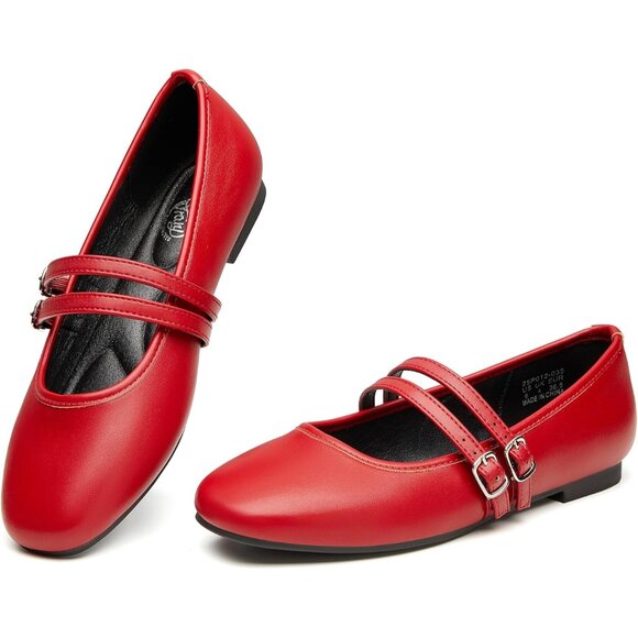Trary Women Red Polyurethane Square Toe Slip On Buckle Strap Ballet Flats - Picture 1 of 6